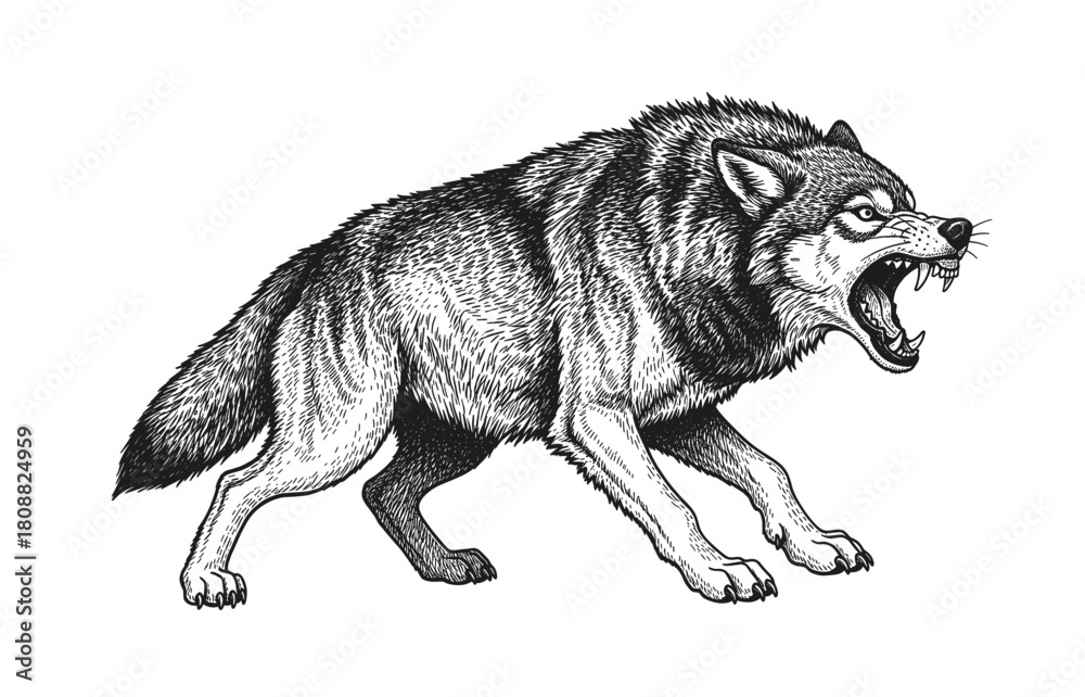 Fototapeta premium Aggressive wolf canis lupus with open mouth, showing teeth, classic engraving illustration