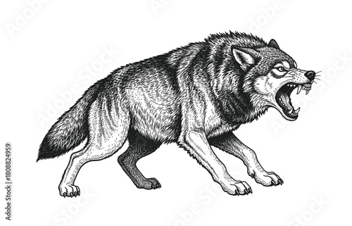 Aggressive wolf canis lupus with open mouth, showing teeth, classic engraving illustration