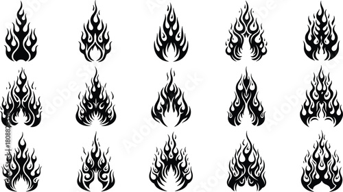 Black flame tattoo icons, fire silhouette set, tribal flame vector, minimalist fire design, burning shapes, abstract flame illustrations, ink art