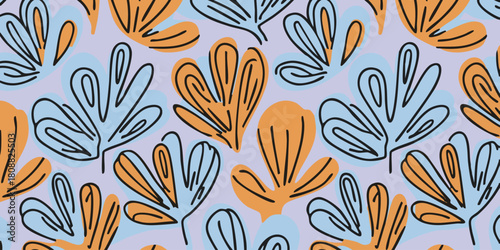 Elegant seamless pattern featuring abstract hand-drawn floral elements in orange and blue on a soft lavender background
