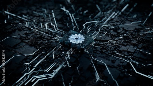 Configure Technology Concept with cog symbol on a Microchip. White Neon Data flows from the CPU across a Futuristic Motherboard. Seamless Loop.