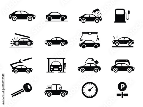 A collection of car service and maintenance icons represents various automotive tasks and needs.