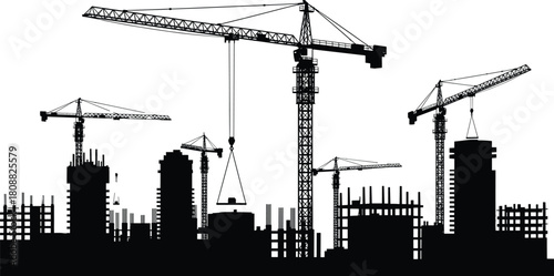Construction site silhouette, tower cranes, urban development, building framework, industrial skyline, city growth, architecture, engineering, infrastructure, progress, black and white