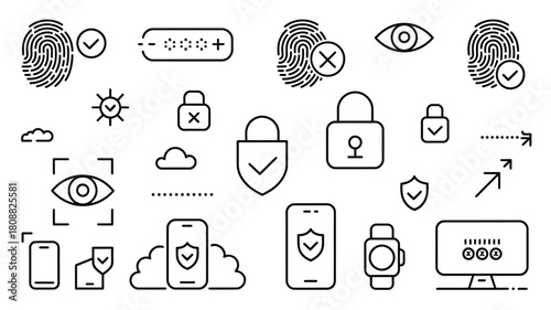 A collection of digital security icons including fingerprints, passwords, and eye scans.