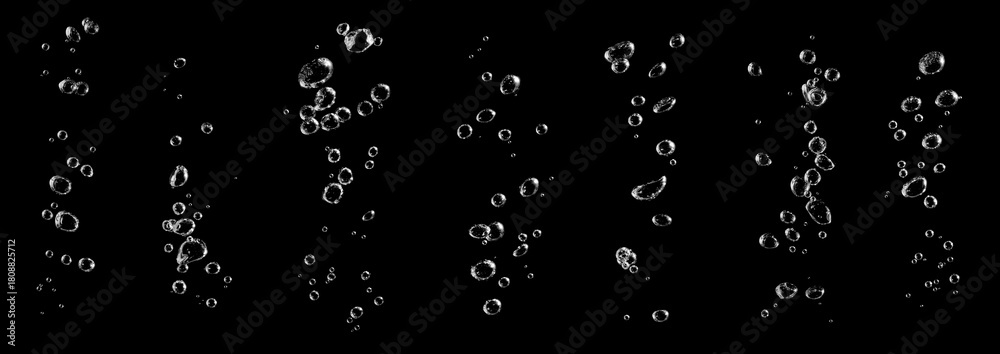 Obraz premium set water bubble white oxygen air isolated on a black background. underwater clear liquid with bubbles flowing up to the water surface. drop air in water