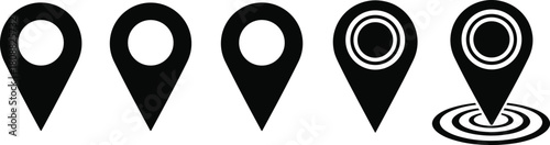 Location pin icon set, map marker symbols, GPS navigation elements, digital pointer graphics, geolocation UI design, black silhouette style