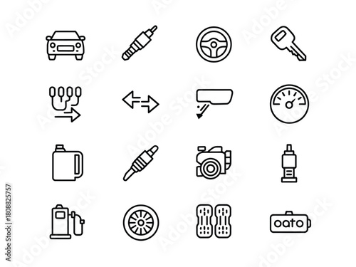 A collection of automotive icons represents various car parts and functions.