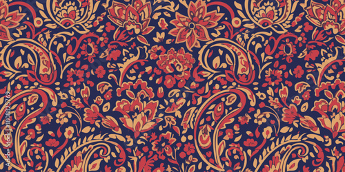 Detailed paisley seamless pattern design with vibrant red and golden floral motifs on navy blue background