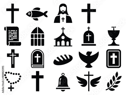 A collection of Christian symbols and icons are displayed.