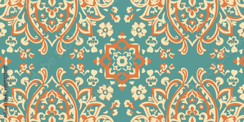 Floral pattern design with intricate details in turquoise and peach