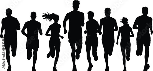 Running silhouettes of diverse athletes, group fitness motion, teamwork, outdoor exercise, marathon training, healthy lifestyle, sports unity, dynamic energy, forward movement