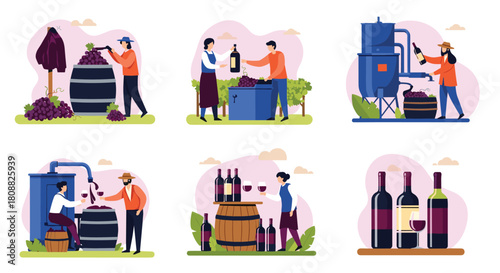 Illustration depicting the comprehensive process of wine production, from grape harvesting to bottling and enjoying the finished product.