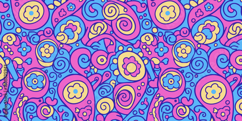 Vibrant Psychedelic Paisley Pattern with Swirls and Floral Motifs in Pink, Blue, and Yellow