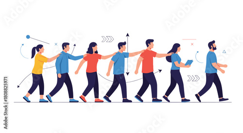 A diverse group of people walking in a single file line, supporting each other while moving forward, symbolizing teamwork and collaboration.