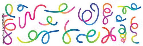 Pattern of Abstract Colour Gradient Lines. Vector Wave 3D Graphic Shapes with Gradient. Organic Rainbow Wavy Ribbons. Set of Fun Kid Doodle Colour Gradation