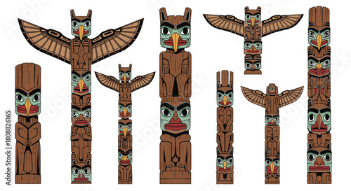 Collection of stylized Native American totem poles featuring traditional animal and human-like figures with vibrant details on a white background.