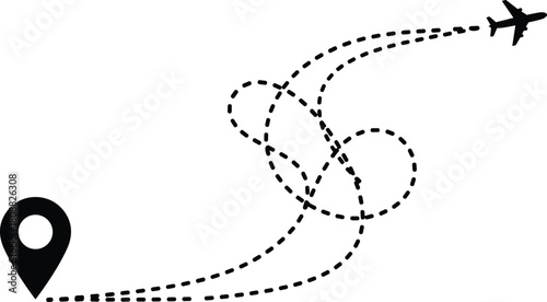 Whimsical airplane flight path, travel route illustration, dashed line journey, aviation concept, adventure design, vector map, vacation, exploration graphic