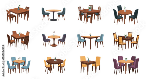 A collection of diverse dining table and chair sets, showcasing various styles and seating arrangements for cafes, restaurants, and homes.