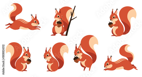 A collection of cute cartoon squirrels in various poses, some holding acorns, illustrating their playful and active nature in an autumn-like setting.