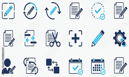 Vector icon set for document management, content editing, and workflow automation processes. Flat design symbols for UI