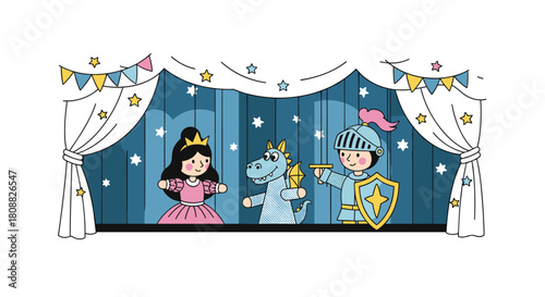 Kids perform a fairytale play with a princess, friendly dragon, and brave knight on a stage with blue curtains and stars.