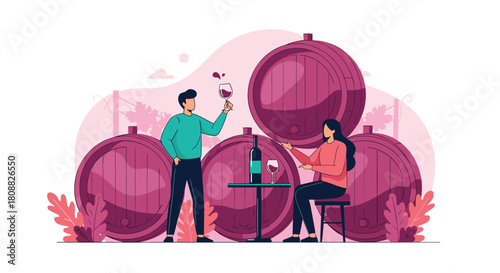 A couple enjoys a delightful wine tasting experience at a modern winery, surrounded by large wine barrels and grapevines.
