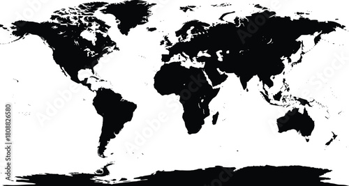 World map silhouette, black and white continents, global geography, minimalist style, educational graphic, international borders, vector illustration, travel concept