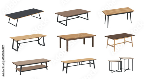 An assortment of stylish tables for various uses, from dining to living room, featuring diverse designs and materials.