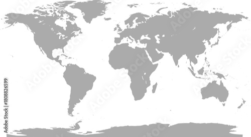 World map silhouette, grayscale continents, global geography, blank political map, educational template, minimalist style, vector outline, no borders, white background