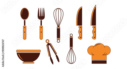 A vibrant illustration showcasing essential kitchen tools, including a whisk, knives, spoon, and bowl, perfect for cooking enthusiasts and culinary designs in a vector illustration