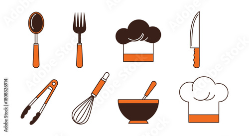 Collection of culinary tools and kitchen utensils, including spoons, forks, chef hats, knives, tongs, whisks, mixing bowls, essential for cooking and food preparation