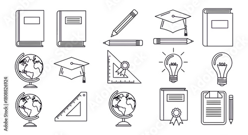 Back to School Education Icons with Books, Globe, Pencil, Mortarboard, Ruler, Light Bulb Outline for Learning and Knowledge Concepts