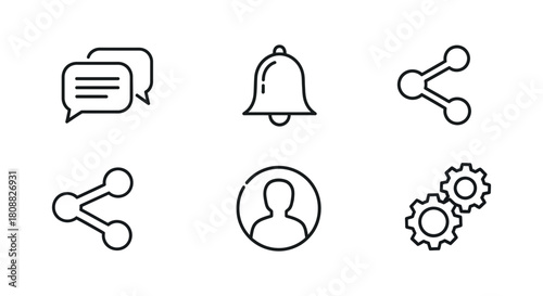 Set of 6 clean, minimalist line icons representing communication, notifications, sharing, user profile, and settings, perfect for web and app interfaces