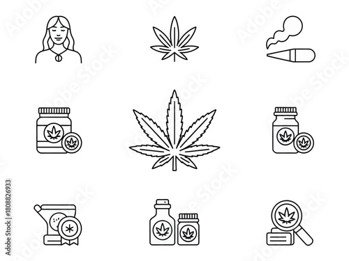 A collection of simple line art icons related to cannabis use and products.