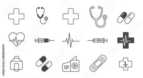 Medical Icons Collection A Comprehensive Set of Health Symbols for Healthcare, Hospitals, Clinics, First Aid, Medicine, and Treatment, Ideal for Medical Design and Illustration Projects