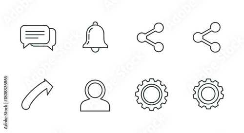 Essential vector line UI icons for modern web and mobile applications. Features symbols for chat, notifications, social sharing, user profiles, and system settings