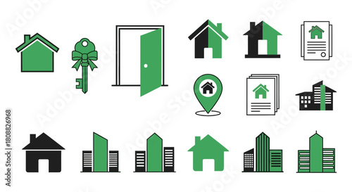 A versatile vector icon collection for the real estate industry, featuring house symbols, property documents, keys, open doors, and diverse building designs
