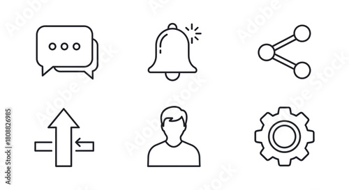 Set of user interface icons representing communication, notifications, sharing, growth, profile, and settings, all in a clean, modern outline style for digital applications and websites