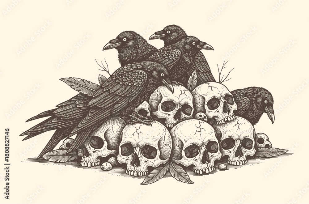 Naklejka premium dark gothic illustration of ravens perched on human skulls in vintage engraving style