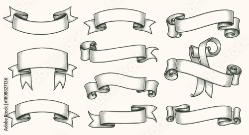Collection Of Different Ribbon Set Vintage Vector. Scroll Curled Curved Blank Ribbon Concept. Designed Decorative Elegance Tape Advertisement Element Template Monochrome Illustrations