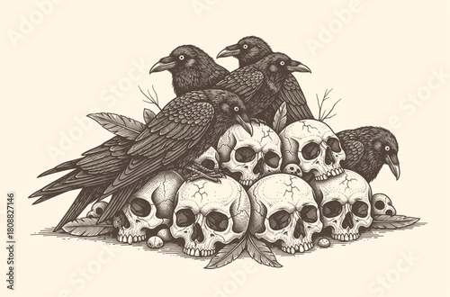 dark gothic illustration of ravens perched on human skulls in vintage engraving style