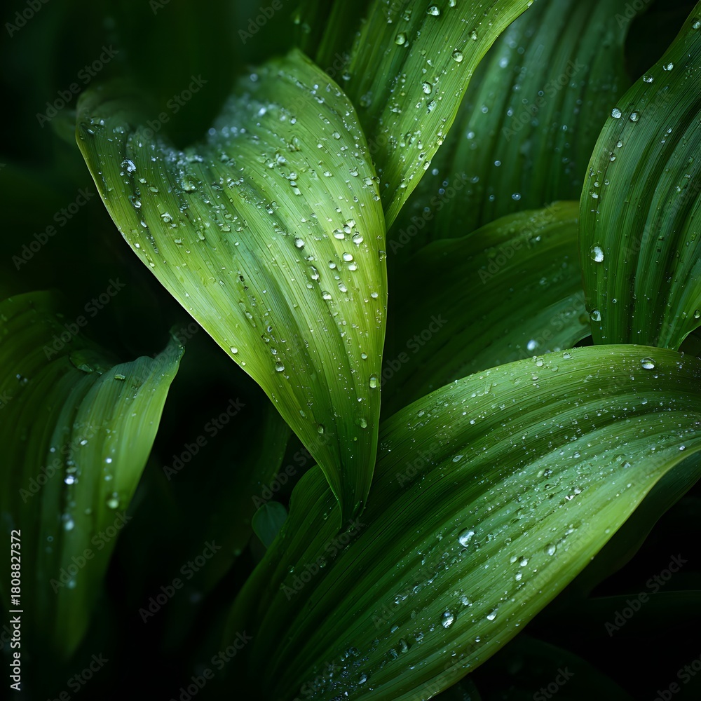 Obraz premium Lush orchid leaves with water droplets