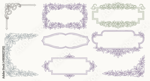 Decorative horizontal floral elements Vector set, corners, borders, frame and cartouches. Historical and decorative style of Baroque. Hand drawn sketches, engraving style. Page decoration.