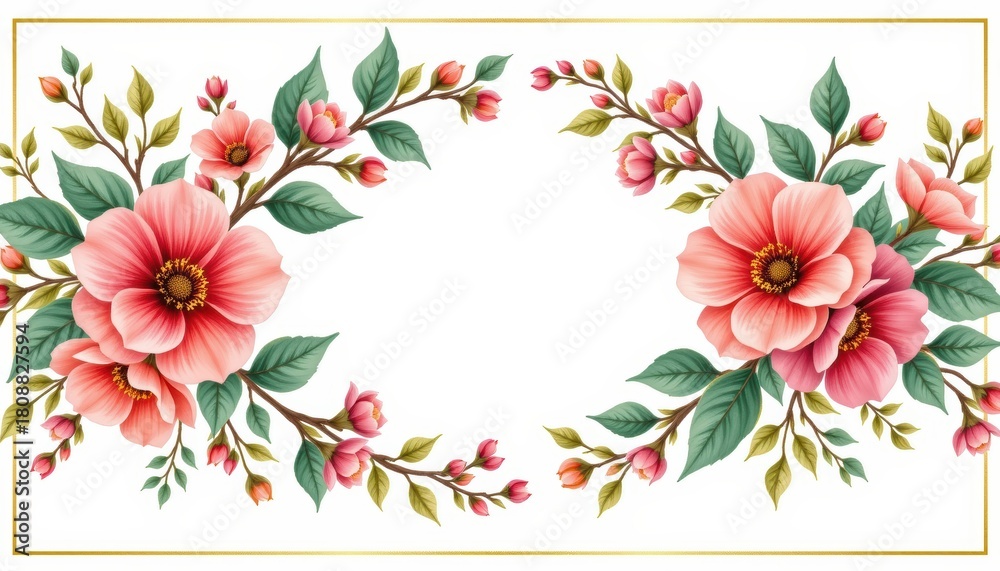 Fototapeta premium Elegant Floral Arrangement with Soft Pink Flowers and Green Leaves on a White Background