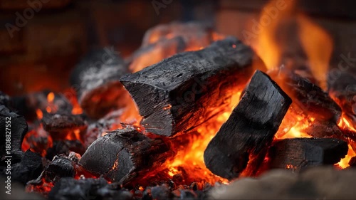 Experience the warmth and glow of burning logs with crackling sounds and vibrant flames creating a cozy atmosphere in a rustic setting