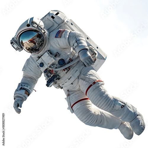 Man in a white space suit is flying through space