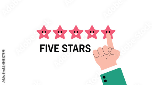 A hand presses the fifth star in a five-star rating system.