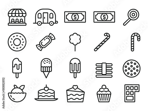 A collection of outline icons representing various sweet treats and related items.