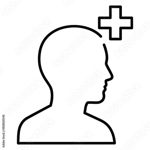 Outline of a human head profile with a plus sign in the upper right, representing health, well-being, and positive medical concepts