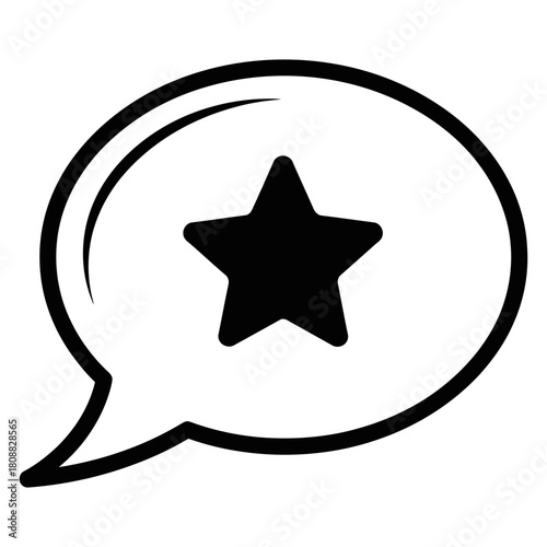 A black and white graphic design of a speech bubble containing a solid black star, symbolizing recognition, achievement, or a favorable rating in communication